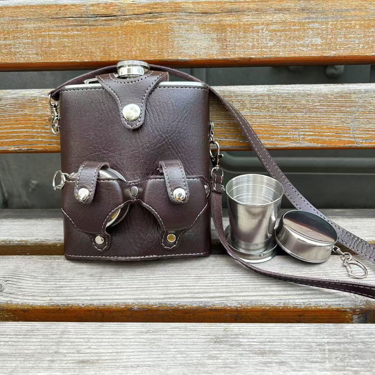 Russian style Vintage 18oz Flask Set w/ Telescopic Cup,Distressed brown leather finish - URANBATO