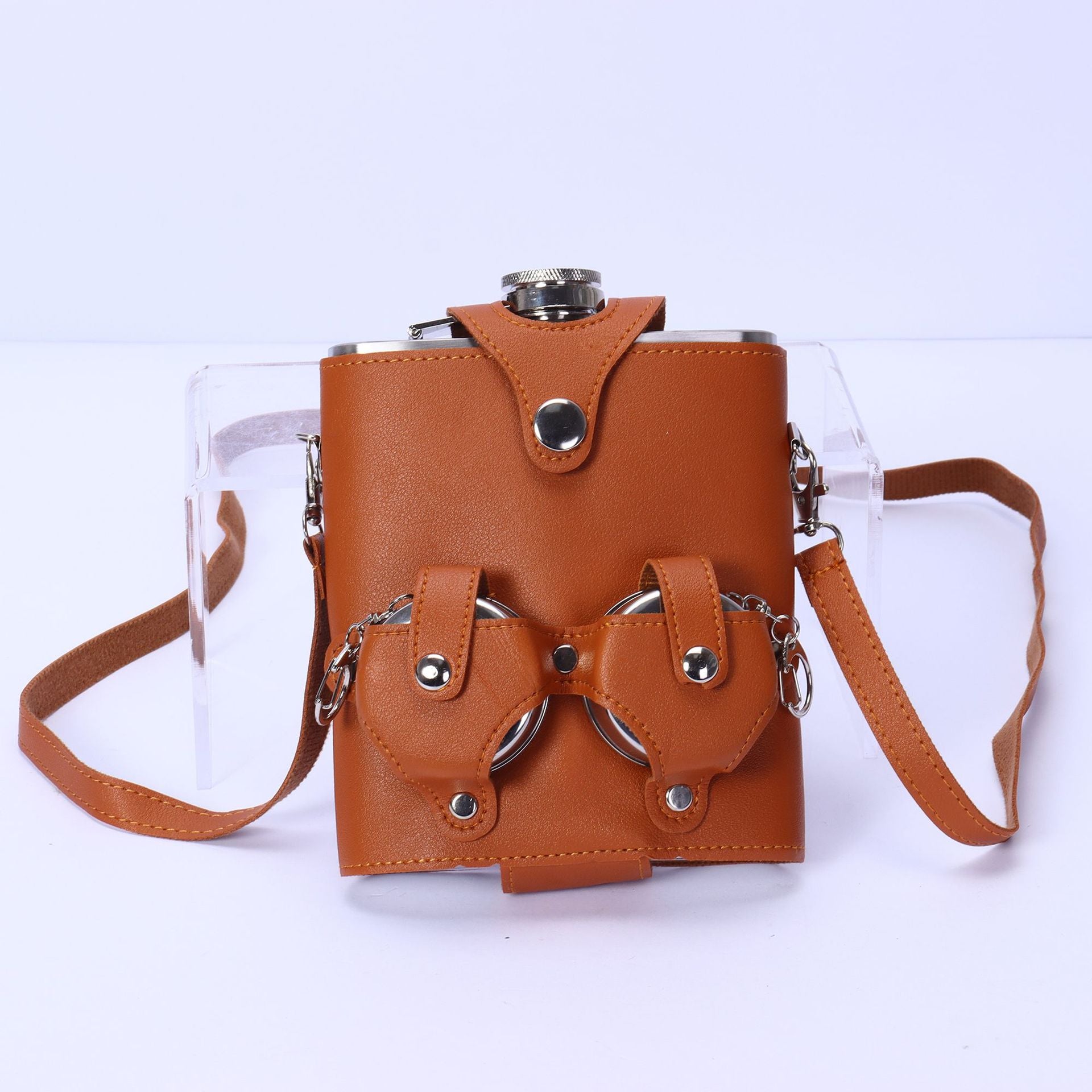 Russian style Vintage 18oz Flask Set w/ Telescopic Cup,Distressed brown leather finish - URANBATO