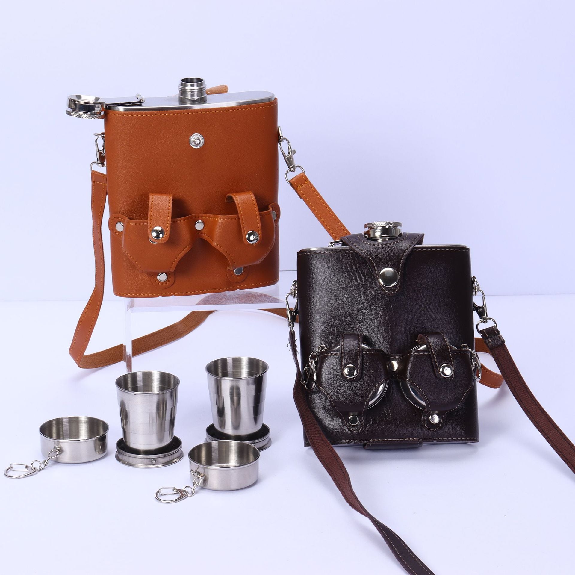 Russian style Vintage 18oz Flask Set w/ Telescopic Cup,Distressed brown leather finish - URANBATO