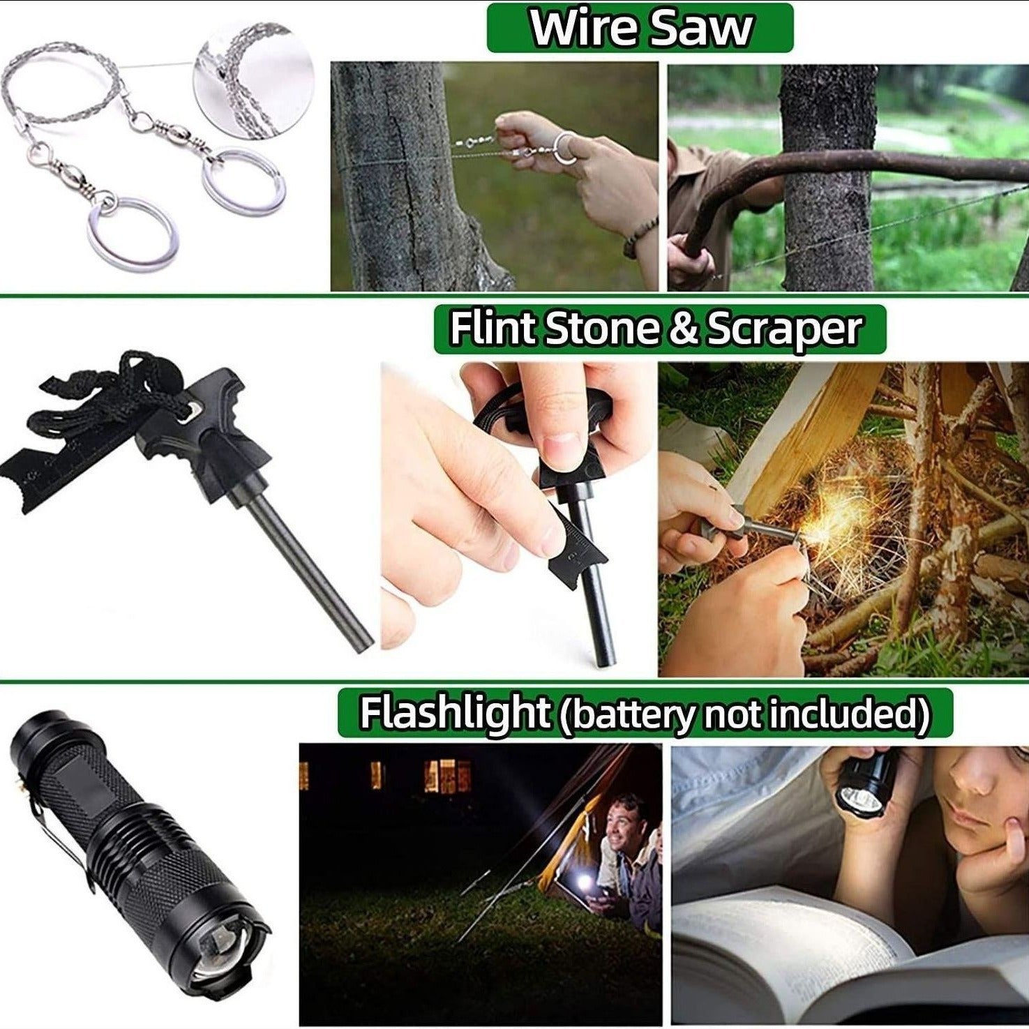 SOS wilderness survival equipment, 13 - piece outdoor multi - function tool set, adventure self - defense first aid supplies, flint/blow torch/cutlery knife/wire saw/first aid blanket/high - intensity flashlight/military card knife - URANBATO