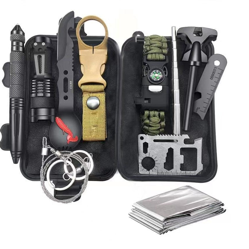 SOS wilderness survival equipment, 13 - piece outdoor multi - function tool set, adventure self - defense first aid supplies, flint/blow torch/cutlery knife/wire saw/first aid blanket/high - intensity flashlight/military card knife - URANBATO
