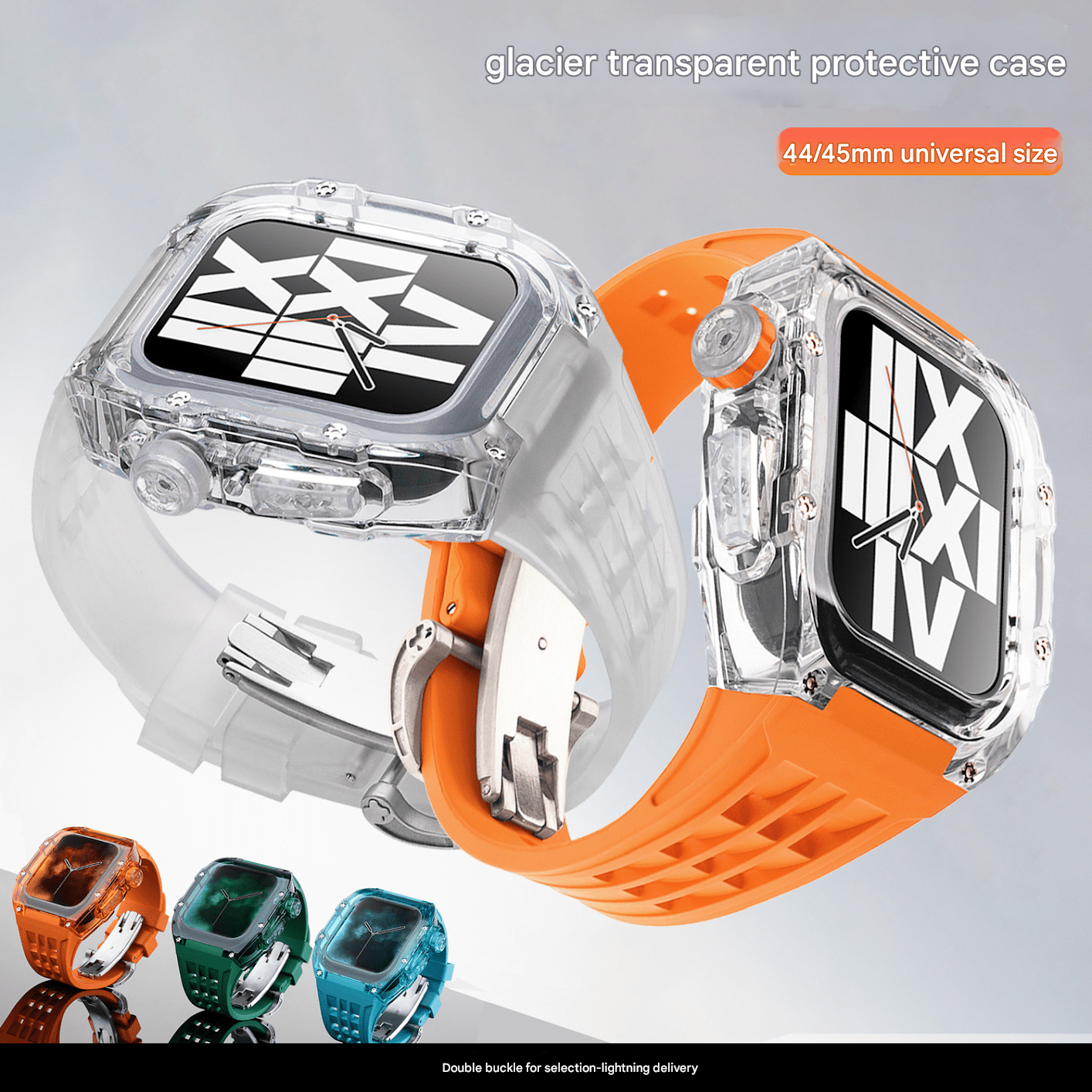 Suitable for Apple 44/45mm watch with transparent case modification case, fluororubber belt and butterfly buckle - URANBATO