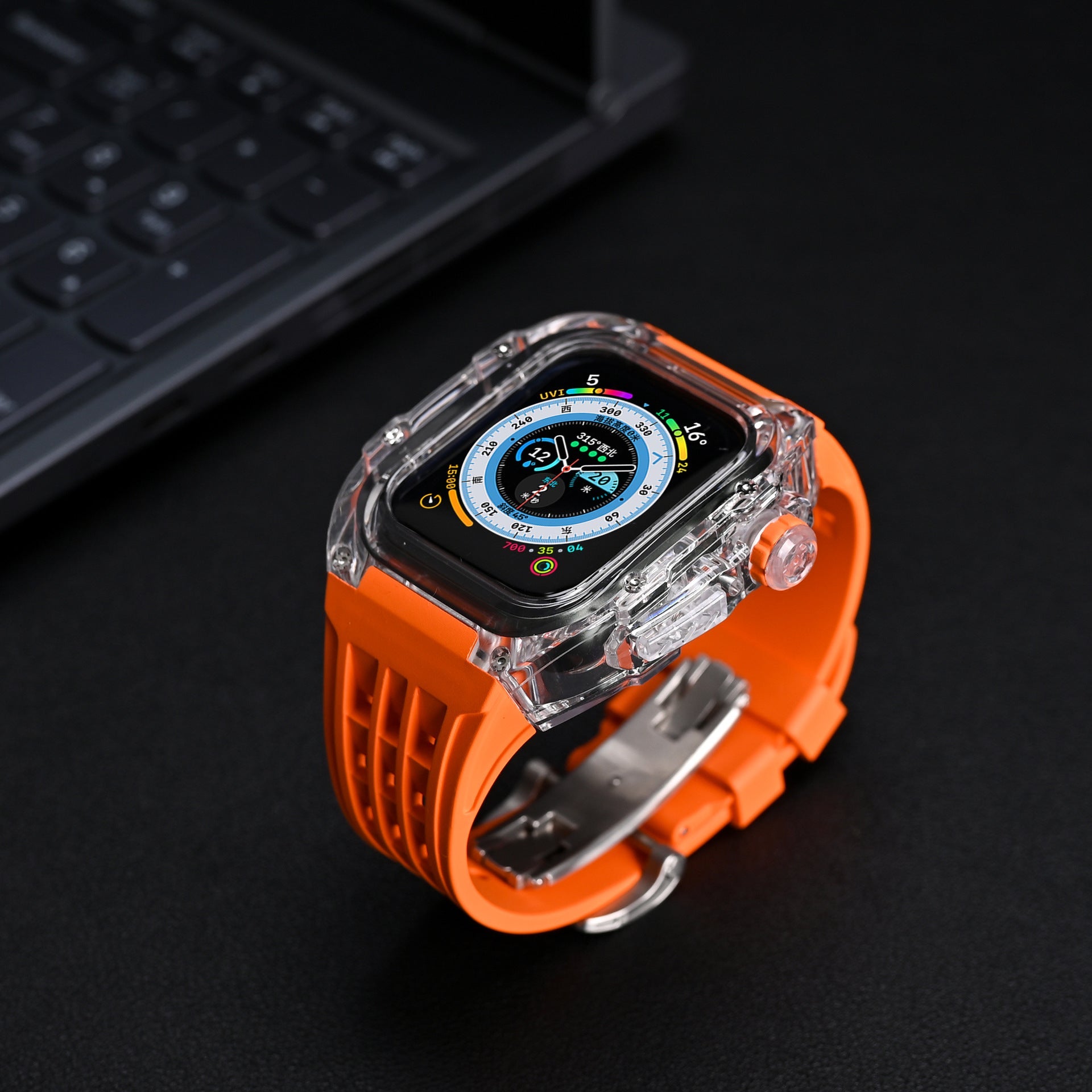 Suitable for Apple 44/45mm watch with transparent case modification case, fluororubber belt and butterfly buckle - URANBATO