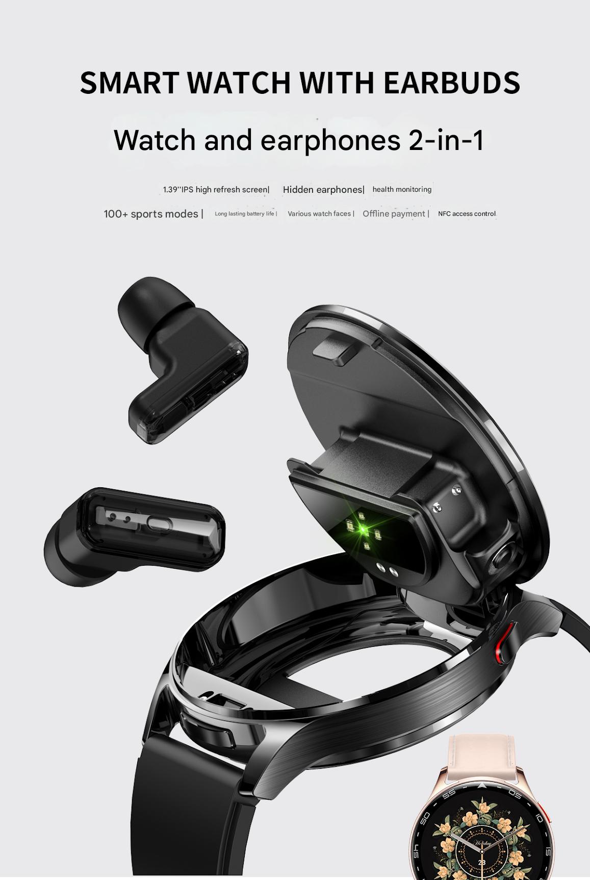 T97 2 - in - 1 smartwatch, TWS earphones, sports heart rate, blood oxygen and blood pressure monitoring, NFC offline payment - URANBATO