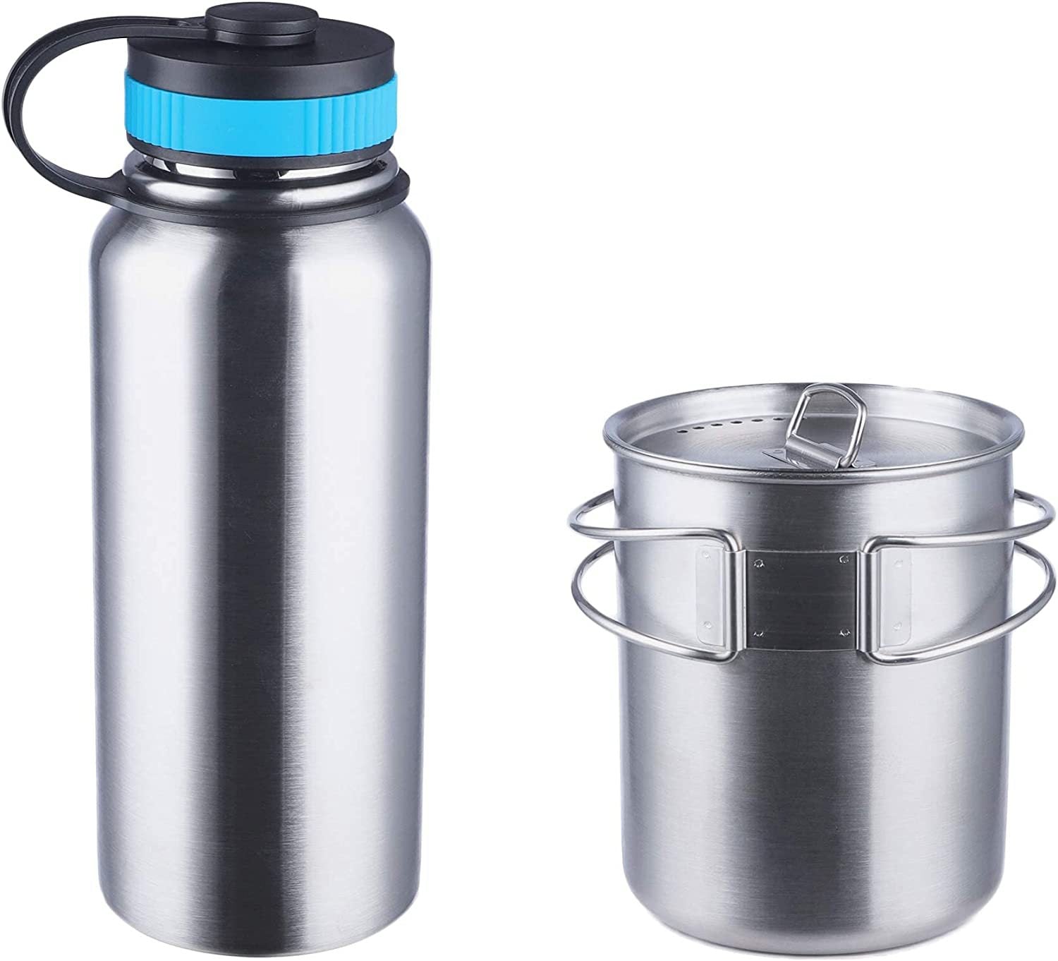 Uranbato Camping 1L stainless steel kettle + 750ML stainless steel folding water cup set, outdoor coffee cup with fish mouth support, camping water and rice boiling kettle set - URANBATO