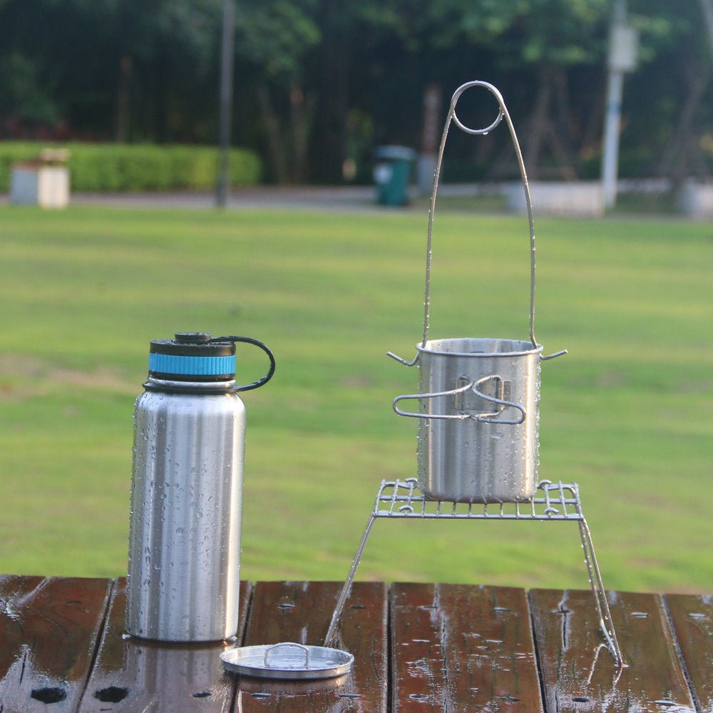 Uranbato Camping 1L stainless steel kettle + 750ML stainless steel folding water cup set, outdoor coffee cup with fish mouth support, camping water and rice boiling kettle set - URANBATO