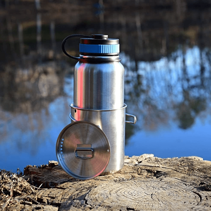 Uranbato Camping 1L stainless steel kettle + 750ML stainless steel folding water cup set, outdoor coffee cup with fish mouth support, camping water and rice boiling kettle set - URANBATO