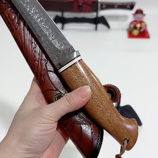 VG10 Damascus Tactical Knife,13cm San - Mai Core,Ironwood Battle Grip,60° Spear Tip,252mm - URANBATO